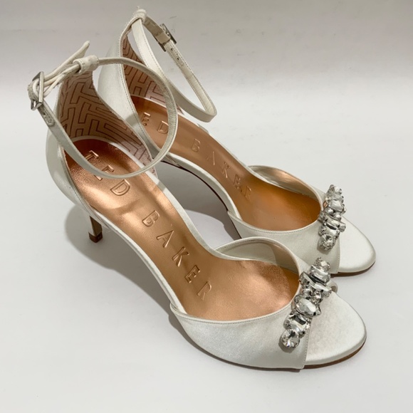 Ted Baker Gleamy Crystal Embellished White Satin Sandals Open Toe Evening Shoes - Picture 5 of 10